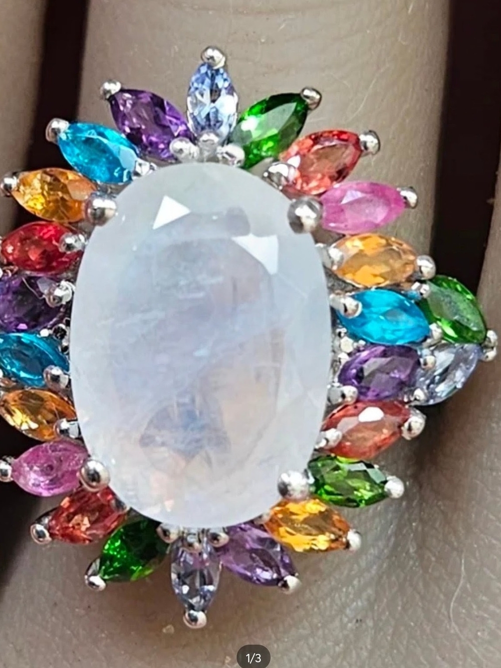 Rainbow Moonstone, Multi Gemstone Cocktail Ring in Platinum Over Sterling Silver